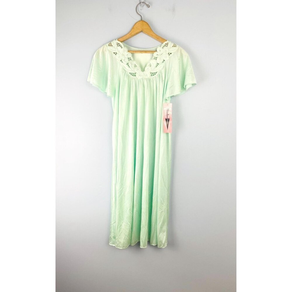 Vintage NWT Shadowline Satin Lustre Nightgown Lace Detail, Size S, Mint Green